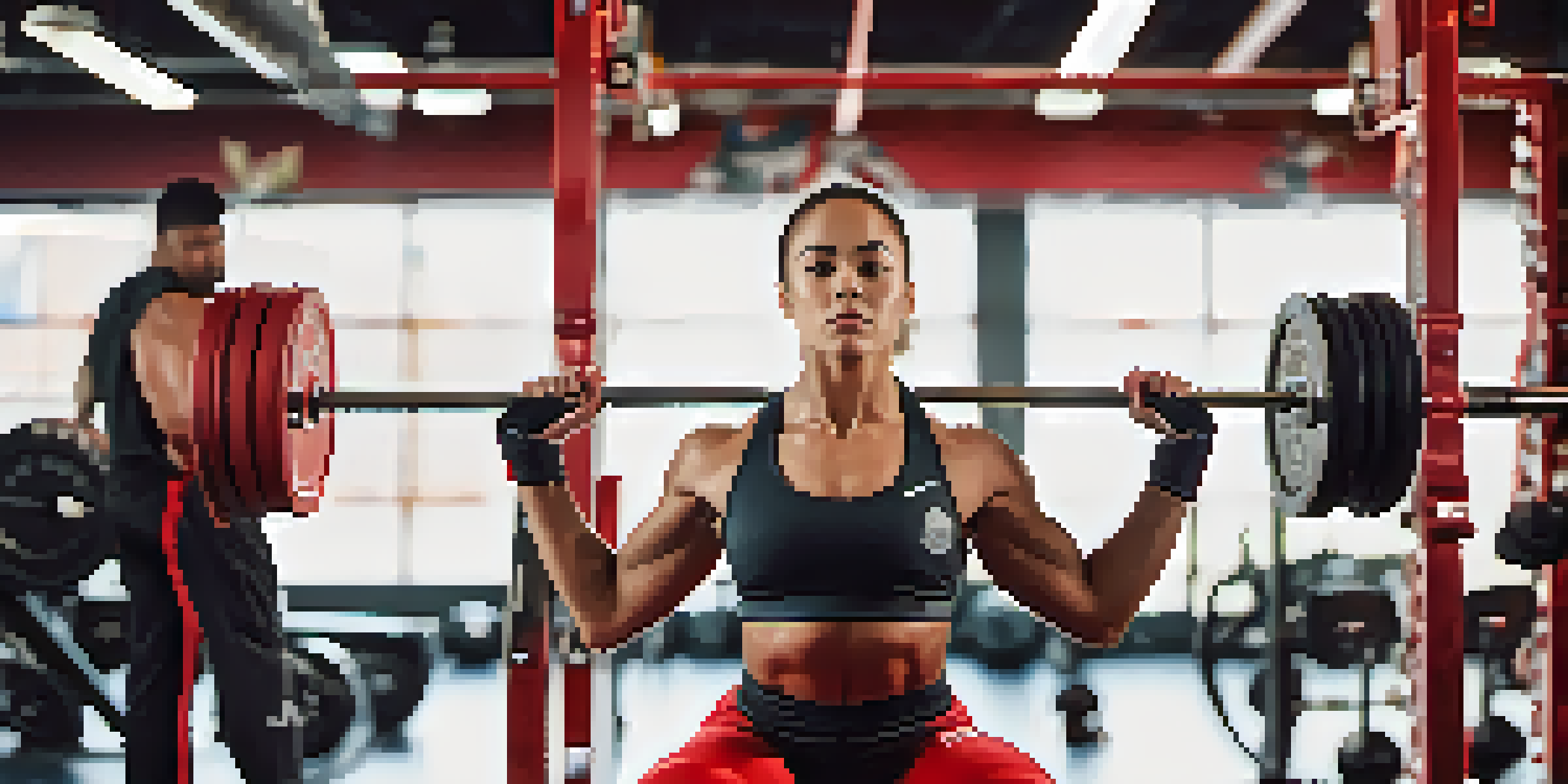 A female powerlifter lifting weights with a determined expression in a bright gym, surrounded by supportive teammates.
