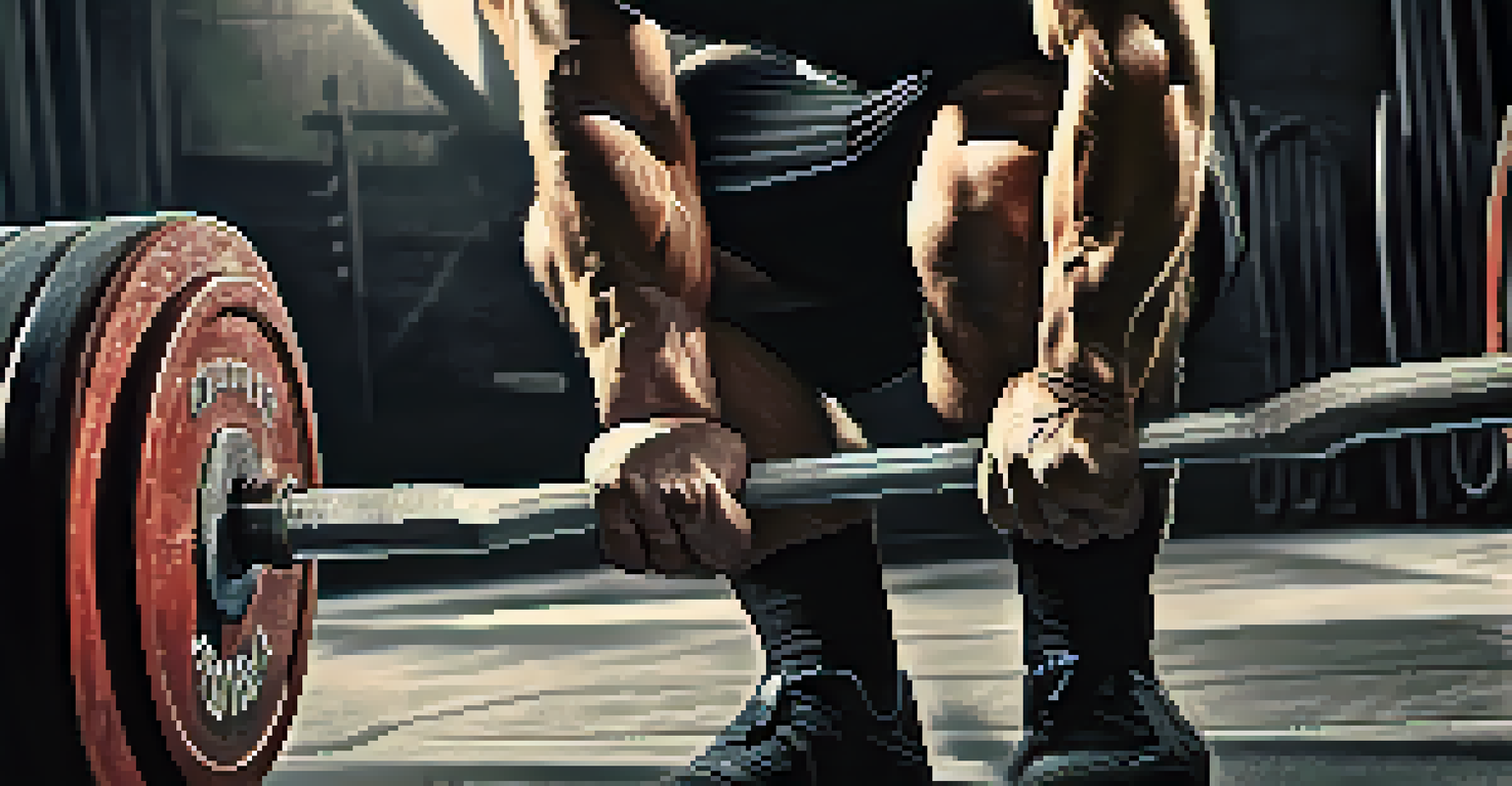 A close-up of a powerlifter's chalked hands gripping a barbell before a deadlift, with a blurred background.