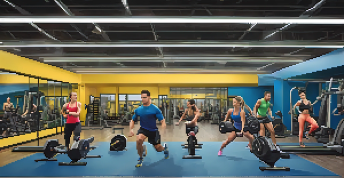 A vibrant gym scene with diverse individuals engaged in both cardio and powerlifting workouts, showcasing a treadmill and a weightlifting area.