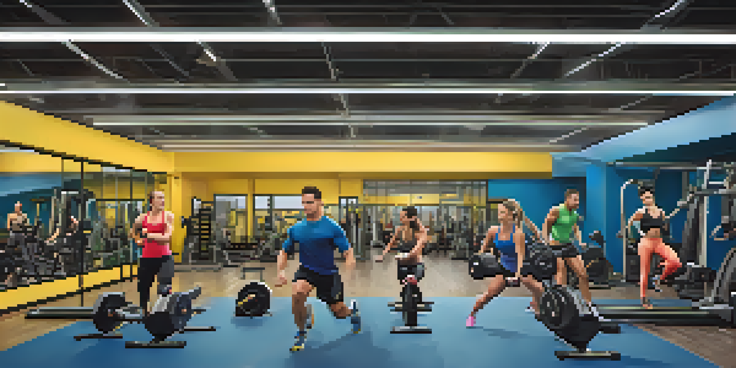 A vibrant gym scene with diverse individuals engaged in both cardio and powerlifting workouts, showcasing a treadmill and a weightlifting area.