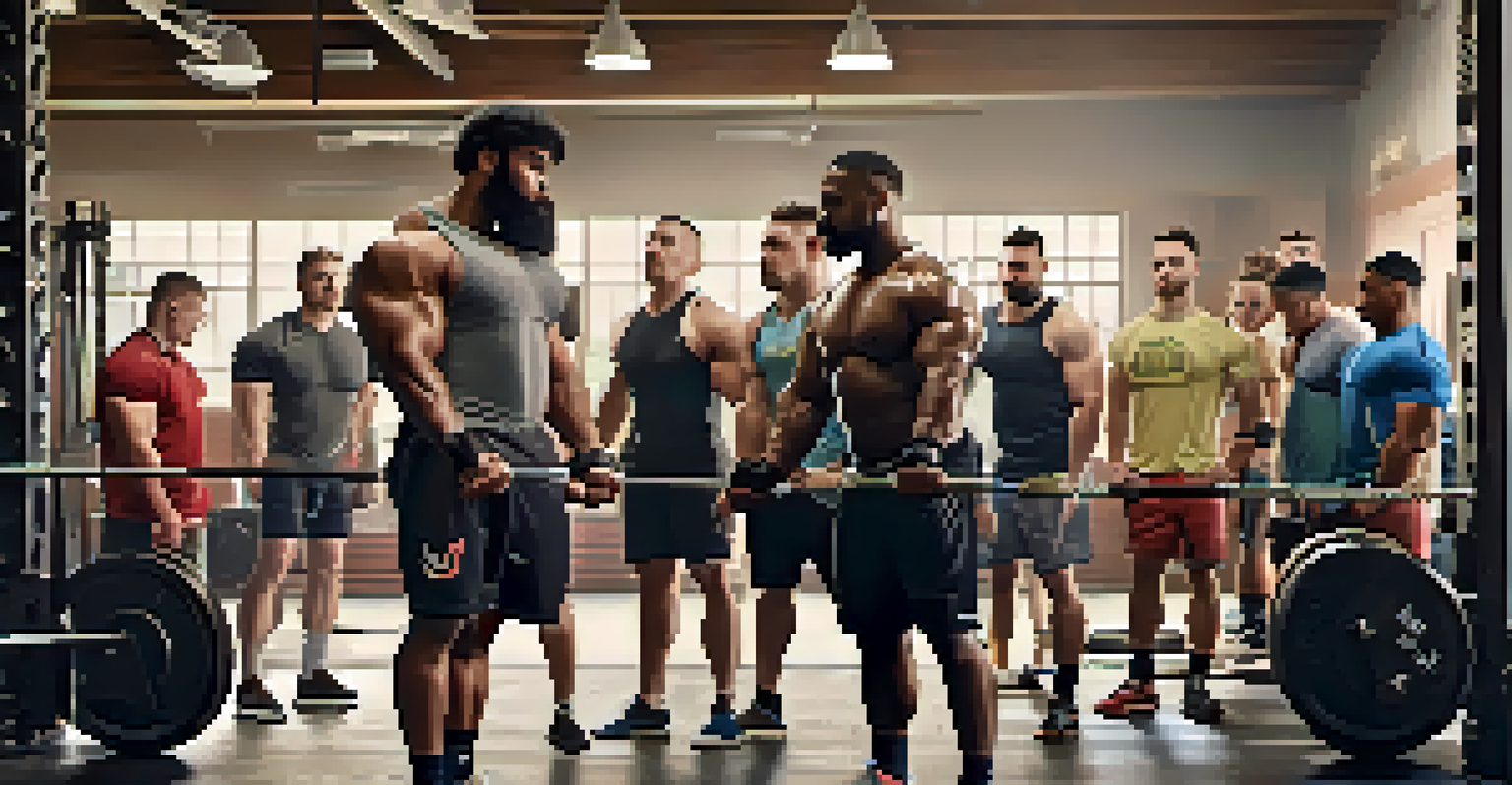A group of diverse powerlifting athletes supporting each other in a gym setting.