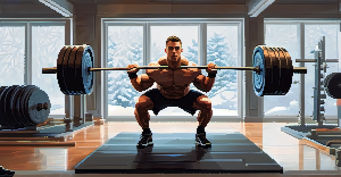 A focused powerlifter training indoors in winter, lifting weights with snow visible outside the gym windows.