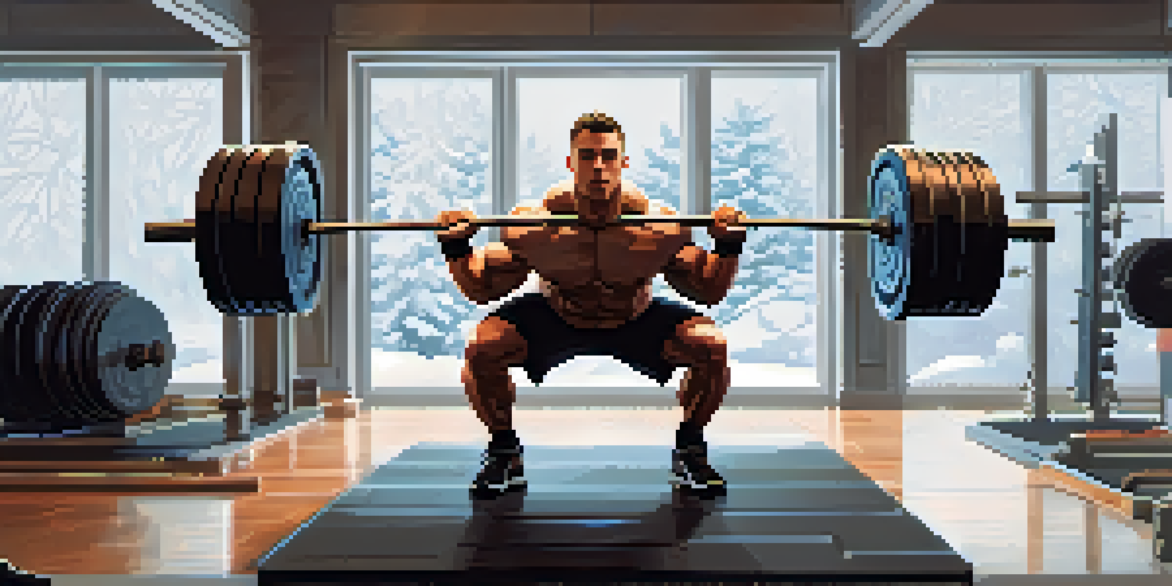 A focused powerlifter training indoors in winter, lifting weights with snow visible outside the gym windows.