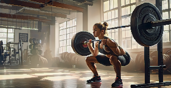 A young athlete squatting with proper form in a gym, surrounded by weightlifting equipment.