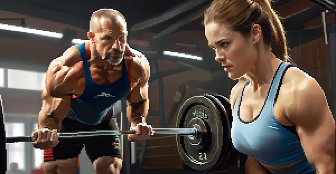 A powerlifting coach giving feedback to a young female athlete during training in a gym.