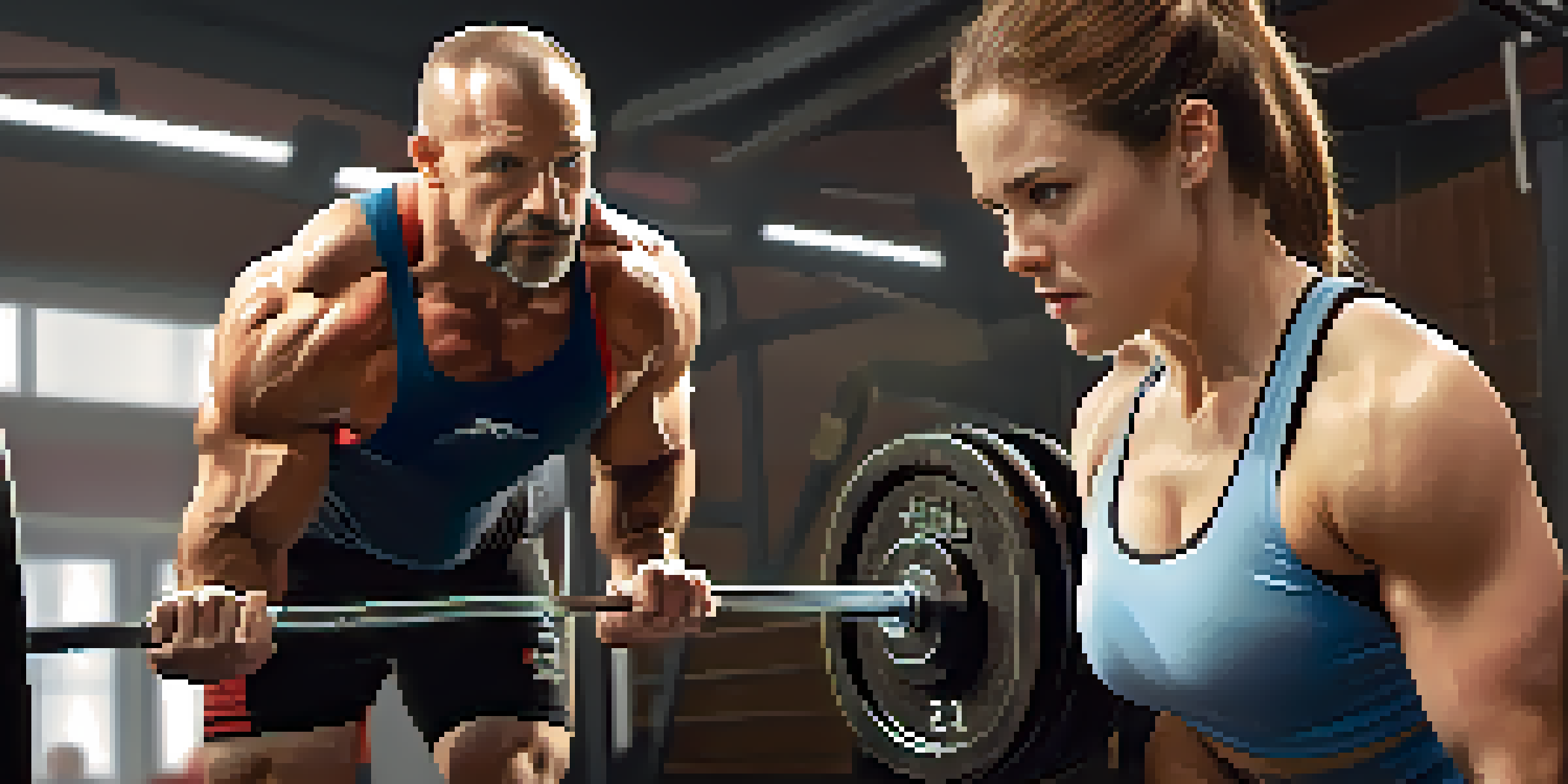 A powerlifting coach giving feedback to a young female athlete during training in a gym.
