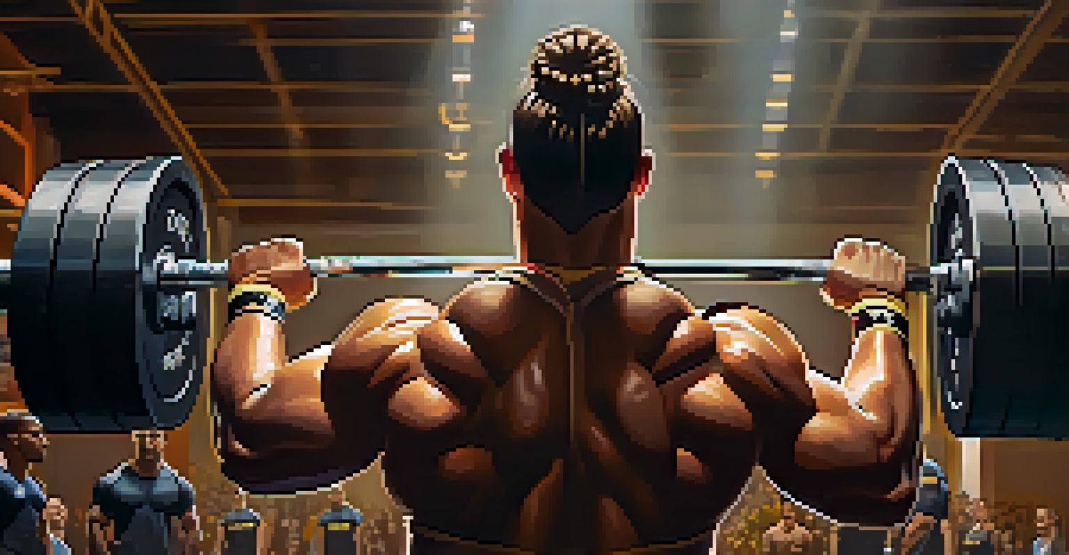 Close-up of focused athletes preparing for powerlifting, with weights and lifting gear in the background.