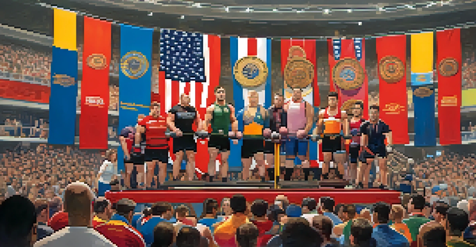 A group of diverse powerlifters competing on a lifting platform, surrounded by cheering spectators and colorful federation banners.