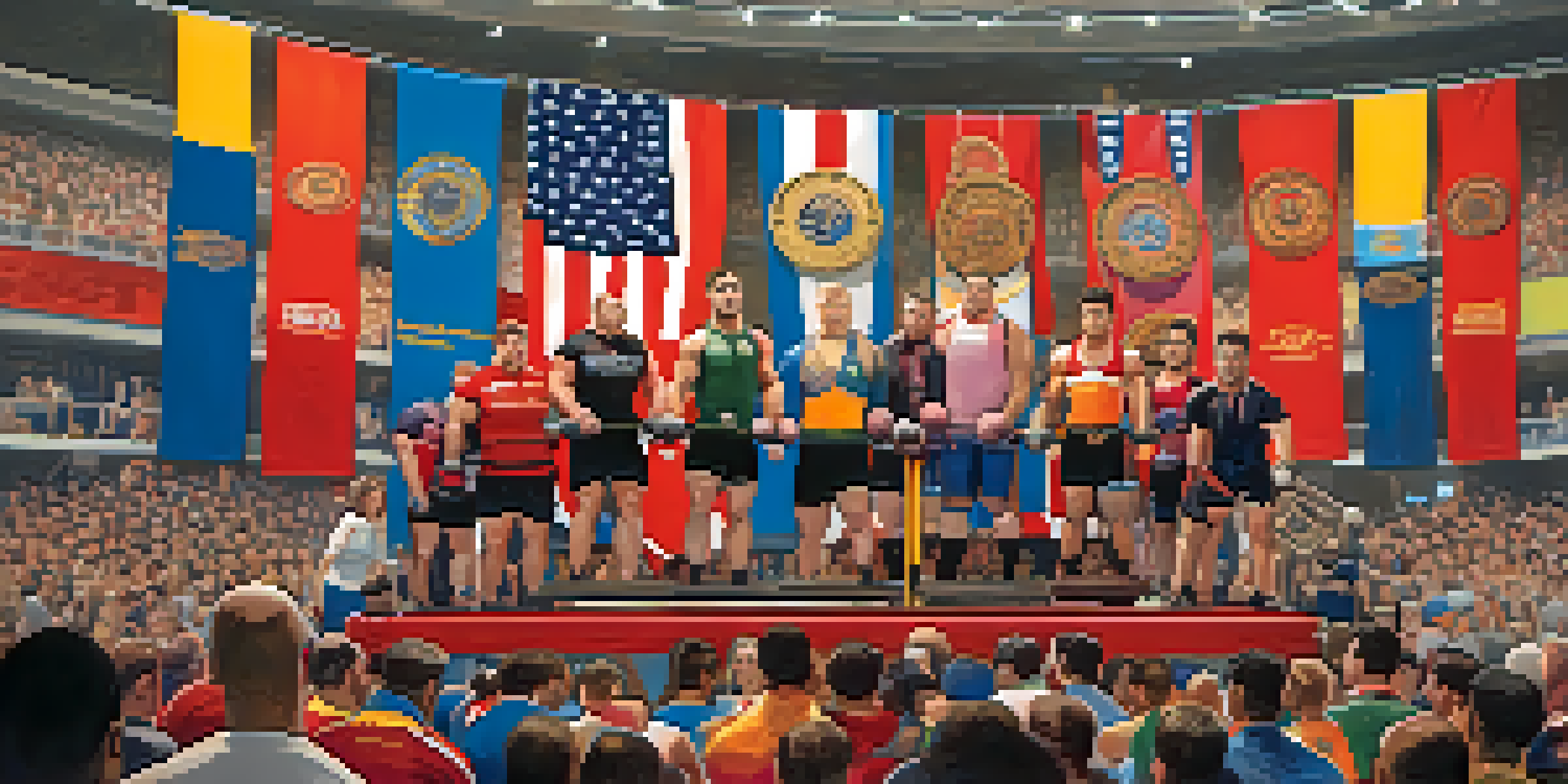 A group of diverse powerlifters competing on a lifting platform, surrounded by cheering spectators and colorful federation banners.