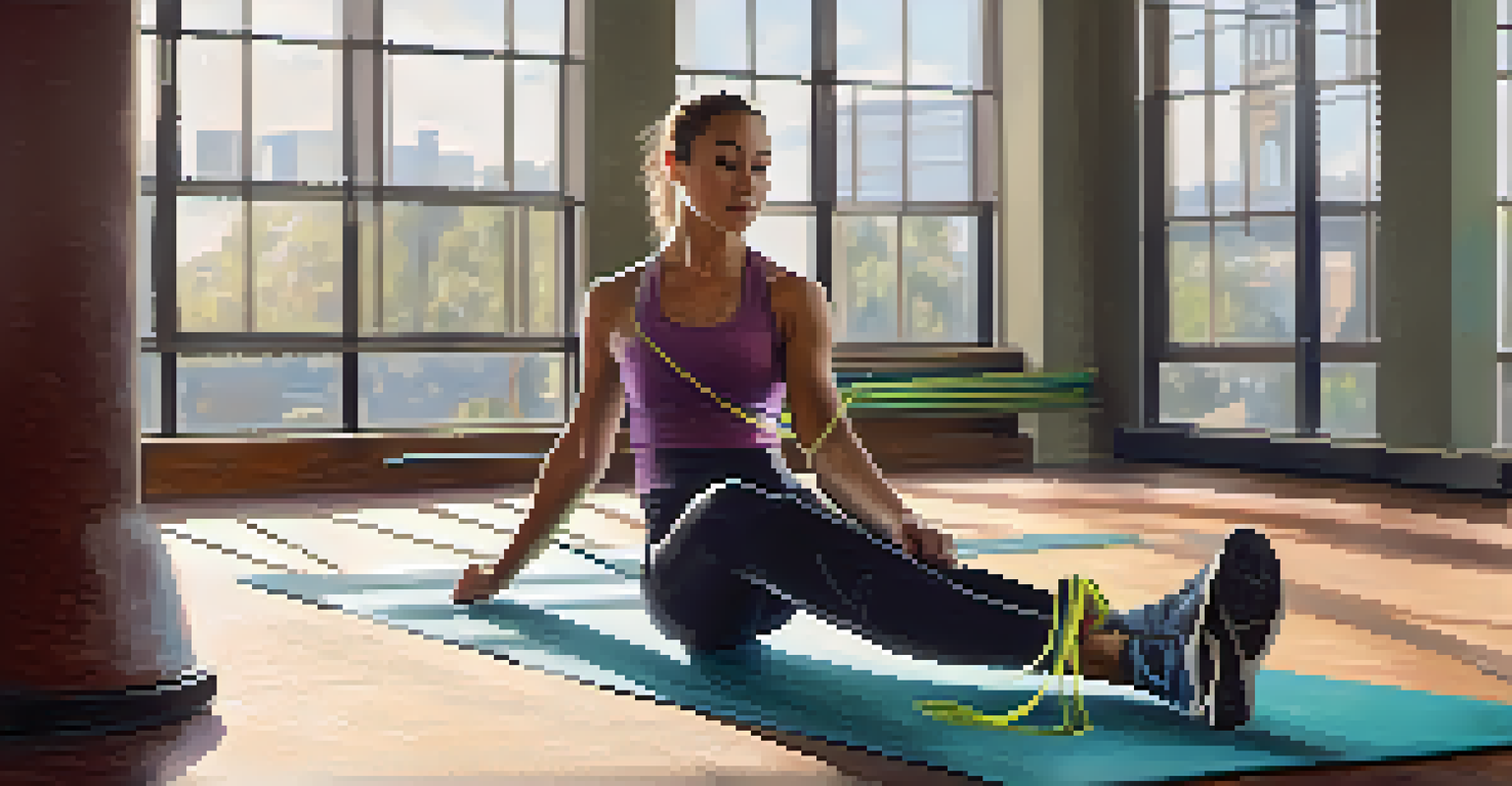 An athlete performing a stretching exercise with resistance bands, emphasizing shoulder mobility in a well-lit gym.