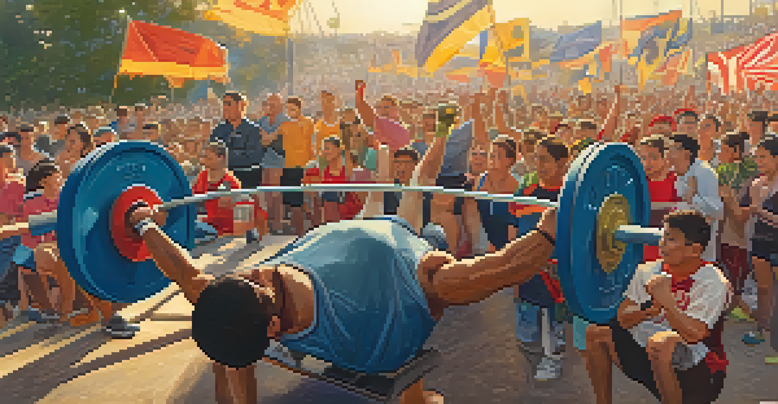 A powerlifter attempting a personal record at an outdoor event, surrounded by cheering community members under a sunset.