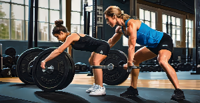 A powerlifting coach teaches a young female athlete the correct deadlift technique in a bright gym.
