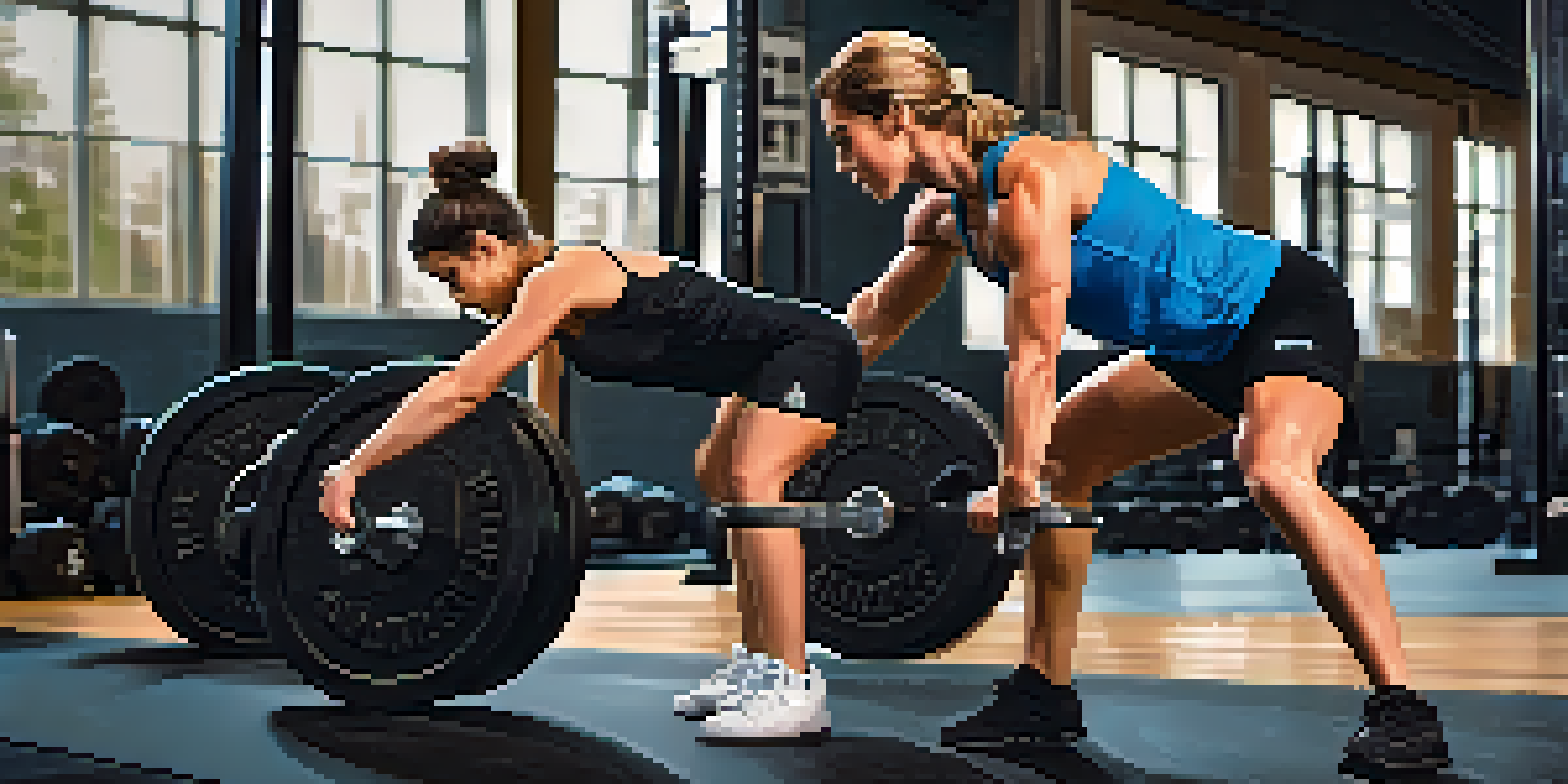 A powerlifting coach teaches a young female athlete the correct deadlift technique in a bright gym.