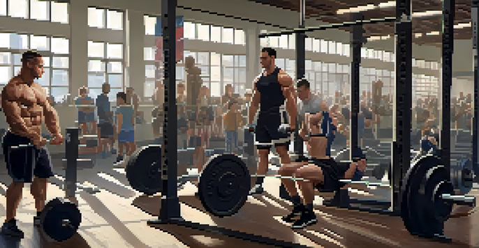 A gym scene showing diverse individuals performing powerlifting exercises like squats and deadlifts with determination and focus.