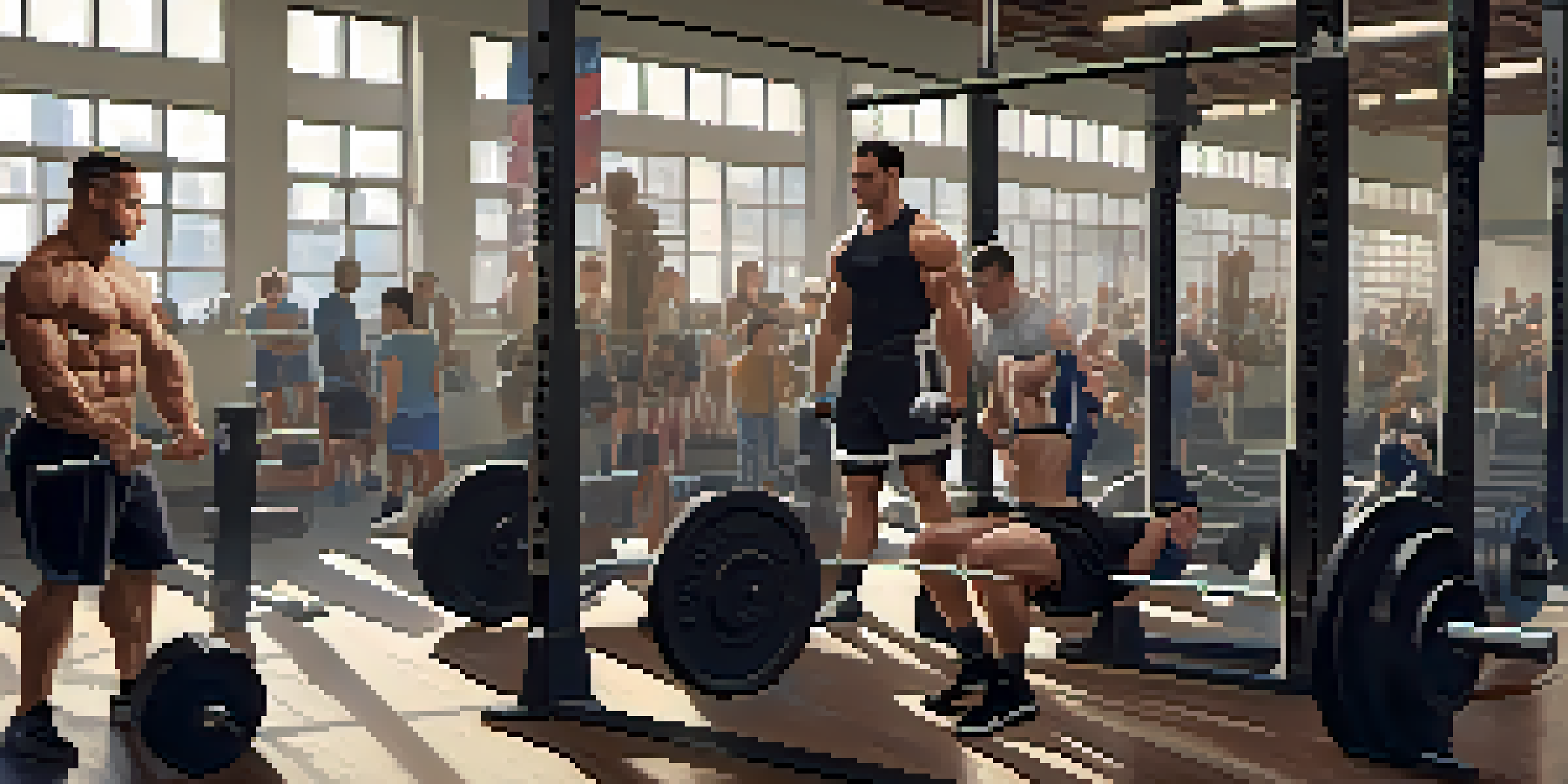 A gym scene showing diverse individuals performing powerlifting exercises like squats and deadlifts with determination and focus.