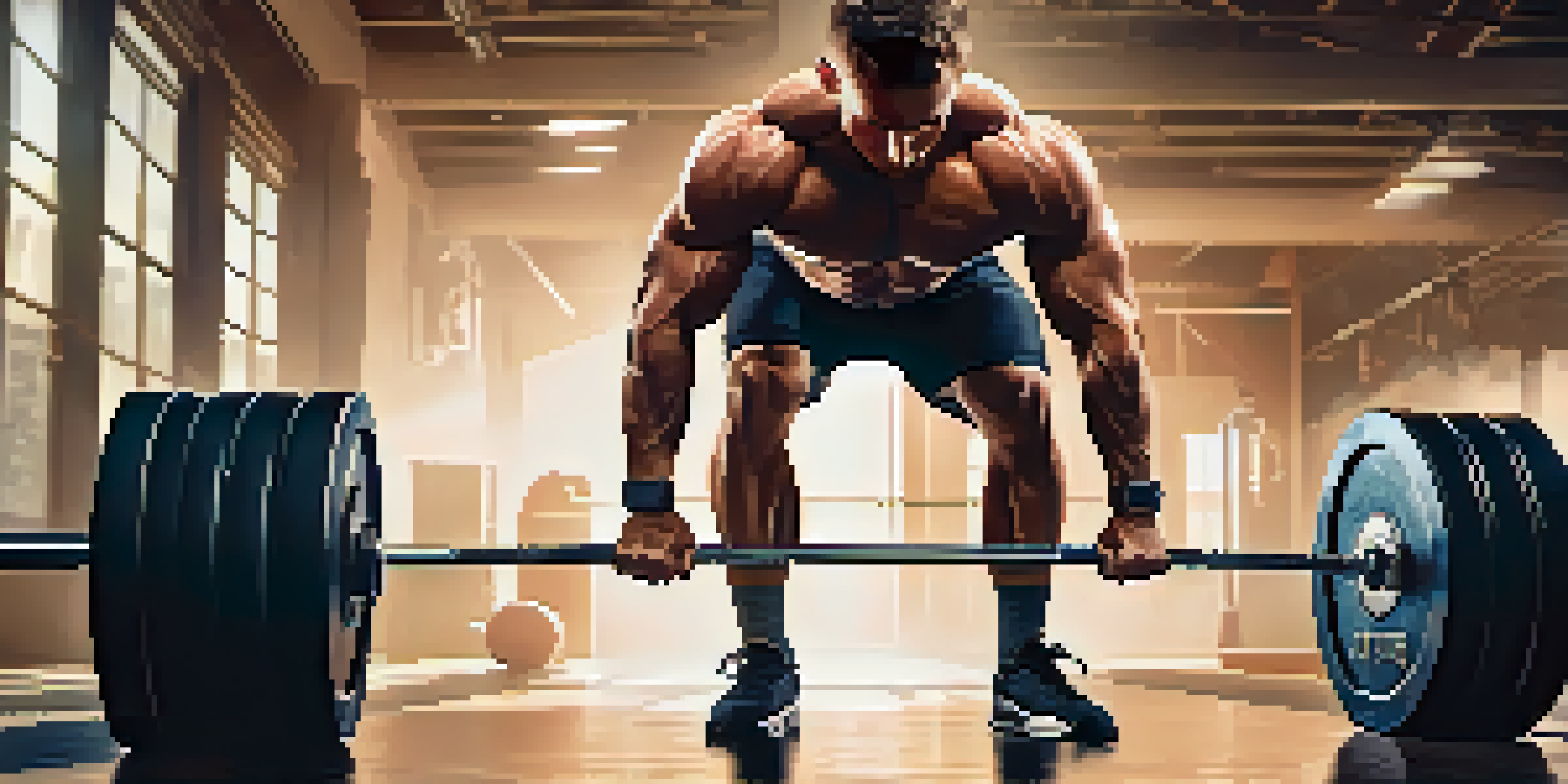 A muscular athlete lifting a heavy barbell in a gym, showcasing focus and determination.