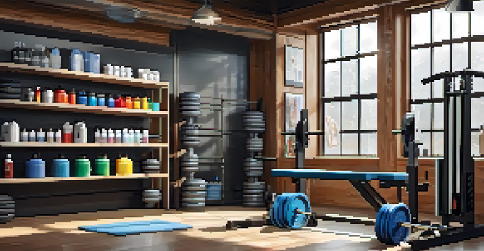 An organized cleaning station for powerlifting equipment with various cleaning supplies on a wooden bench in a well-lit gym.