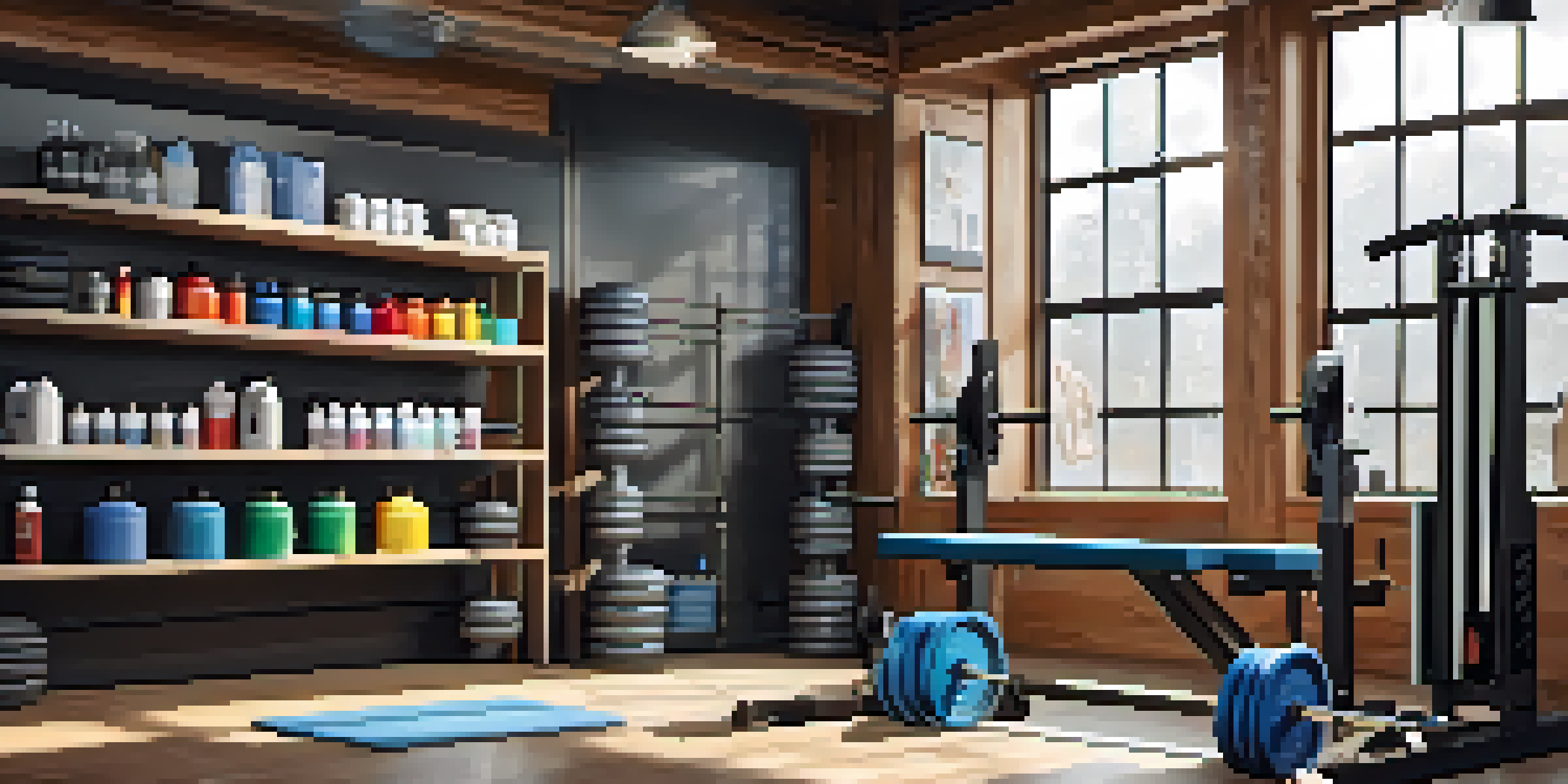 An organized cleaning station for powerlifting equipment with various cleaning supplies on a wooden bench in a well-lit gym.