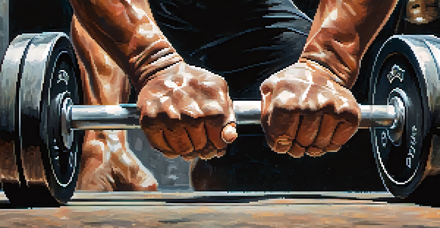 A close-up of a powerlifter's hands gripping a barbell, showcasing strength and focus.