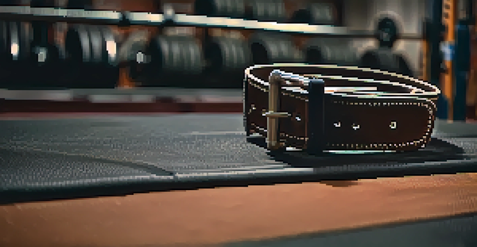 A close-up of a textured powerlifting belt on a gym bench, with blurred weightlifting equipment in the background.