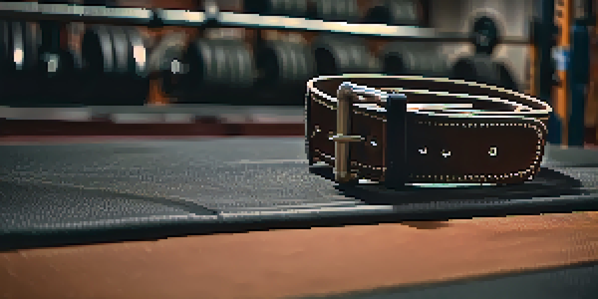 A close-up of a textured powerlifting belt on a gym bench, with blurred weightlifting equipment in the background.