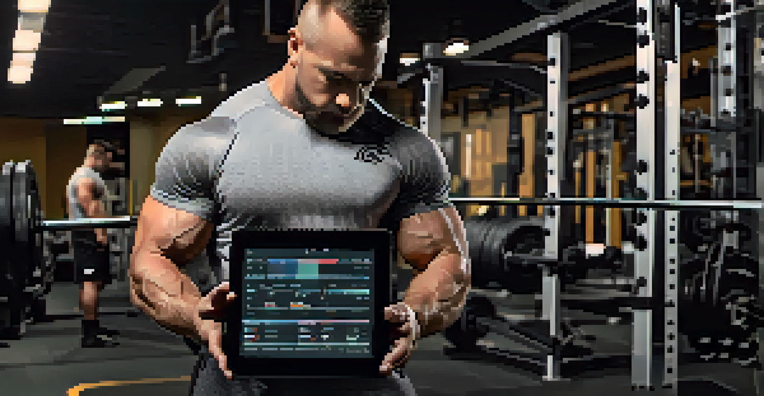 A coach reviewing performance metrics on a tablet in a gym, with weights in the background.