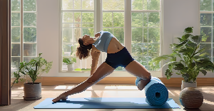 A middle-aged woman foam rolling on a yoga mat in a bright, plant-filled room.