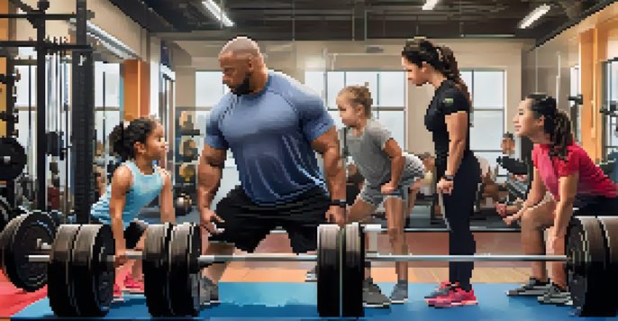 A diverse family participating in a powerlifting session at the gym, with parents encouraging their children during their lifts.