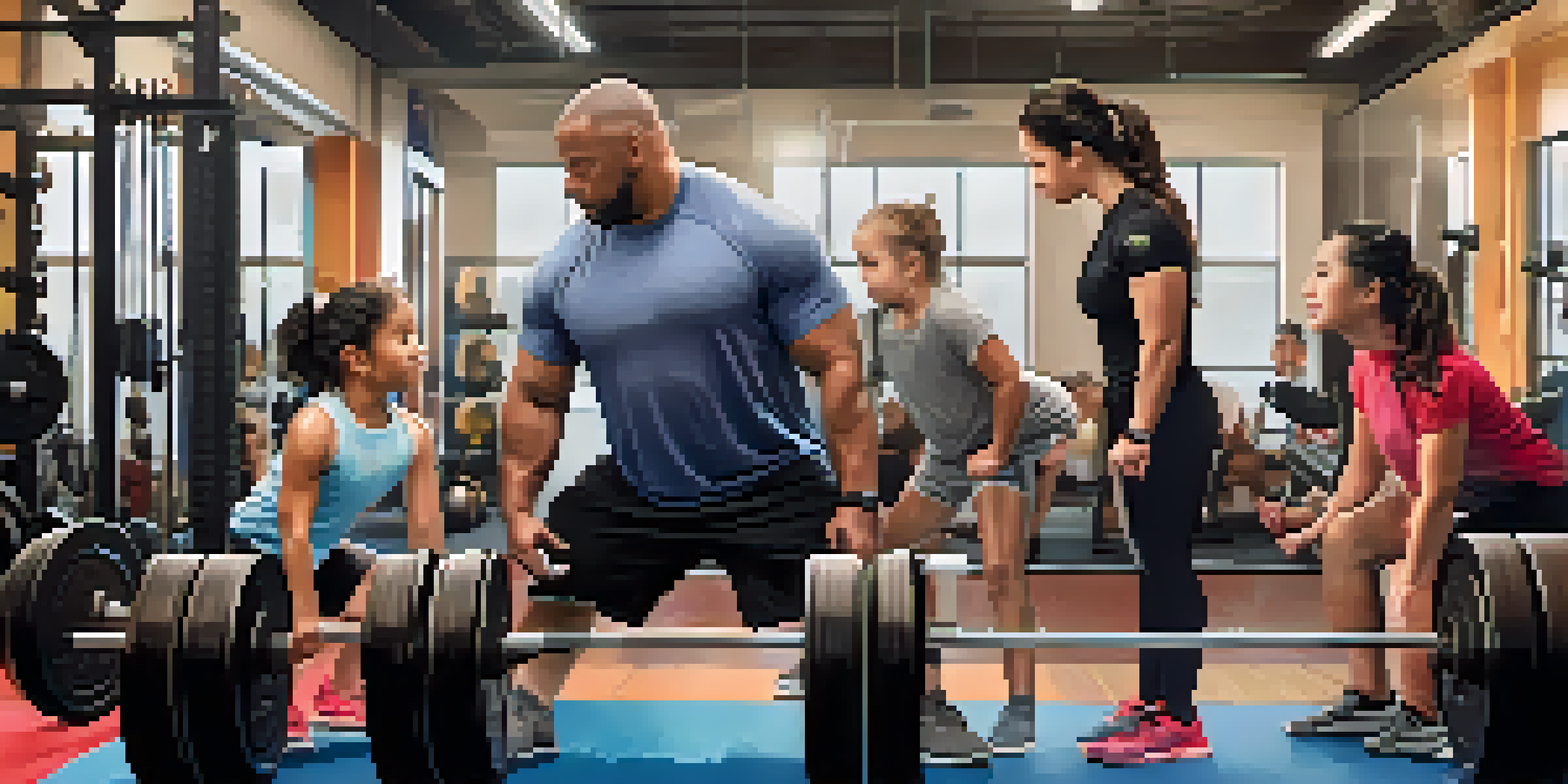 A diverse family participating in a powerlifting session at the gym, with parents encouraging their children during their lifts.