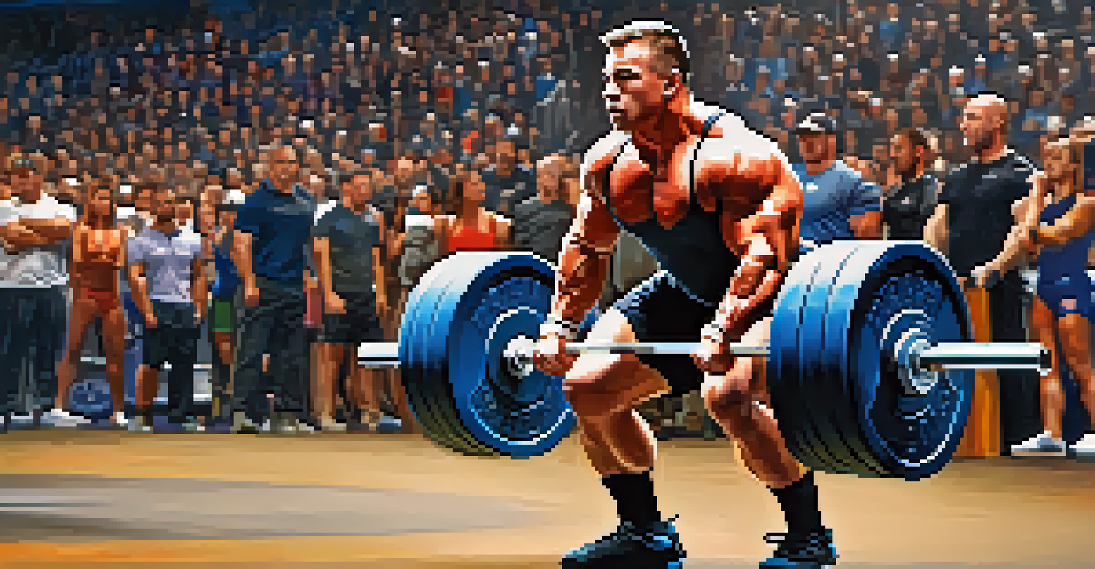 A male powerlifter performing a deadlift with perfect form, surrounded by cheering spectators at a competition.