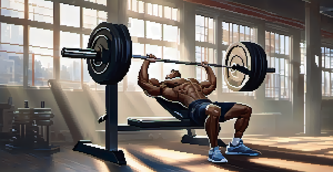 An athlete lifting weights on a bench press in a bright gym, showcasing strength and determination.