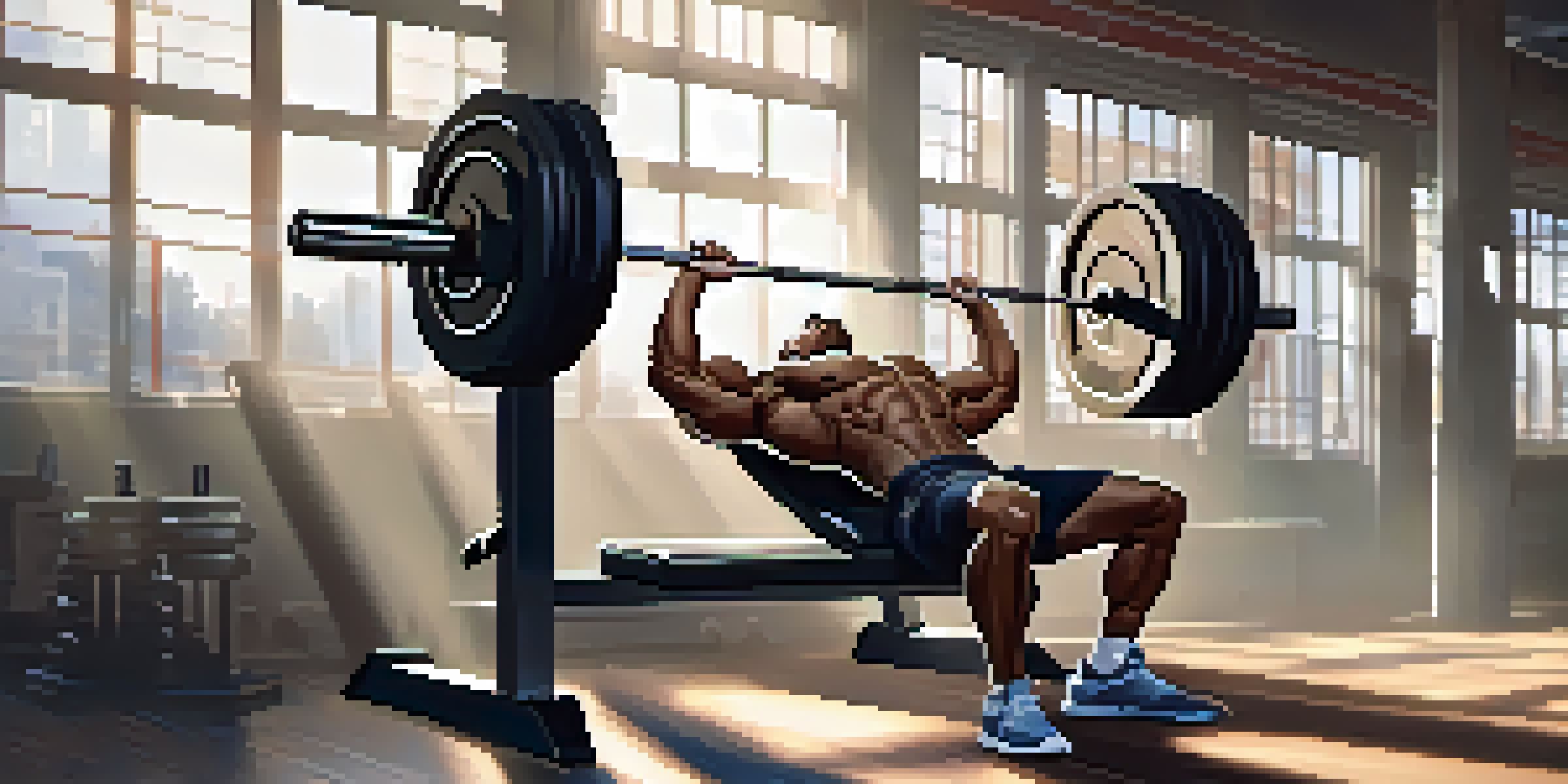 An athlete lifting weights on a bench press in a bright gym, showcasing strength and determination.