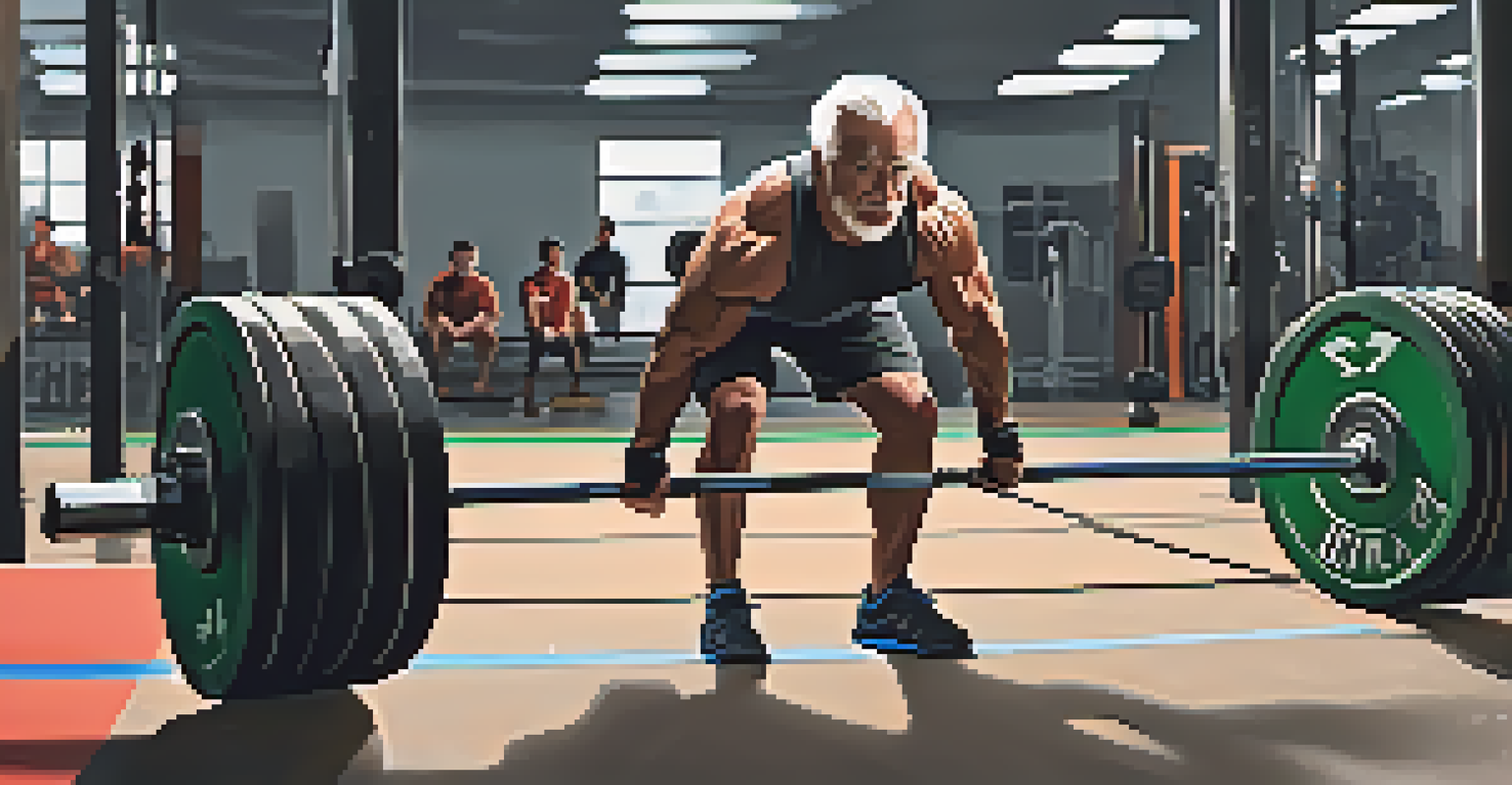 An older adult executing a deadlift with proper form in a busy gym, showcasing strength and dedication.