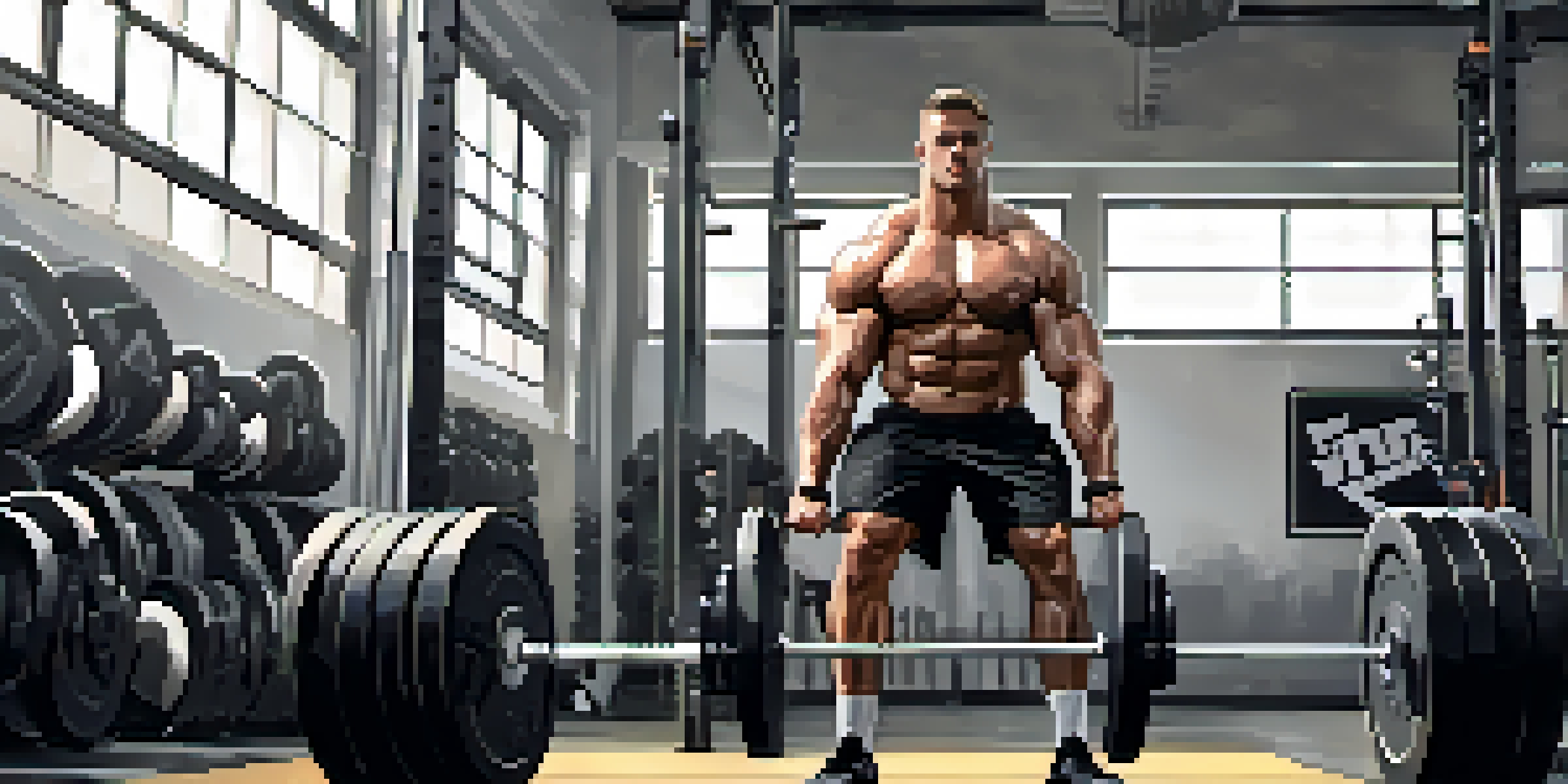 A muscular powerlifter lifting a heavy barbell in a bright modern gym with natural light and motivational posters.