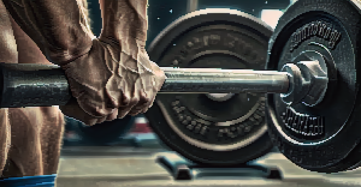Close-up of a lifter's chalked hands gripping a barbell, emphasizing strength and focus.