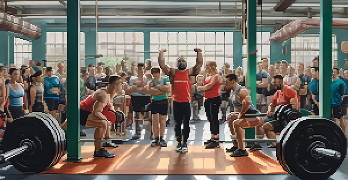 A diverse group of powerlifters at a gym, sharing tips and celebrating each other's achievements under warm natural light.