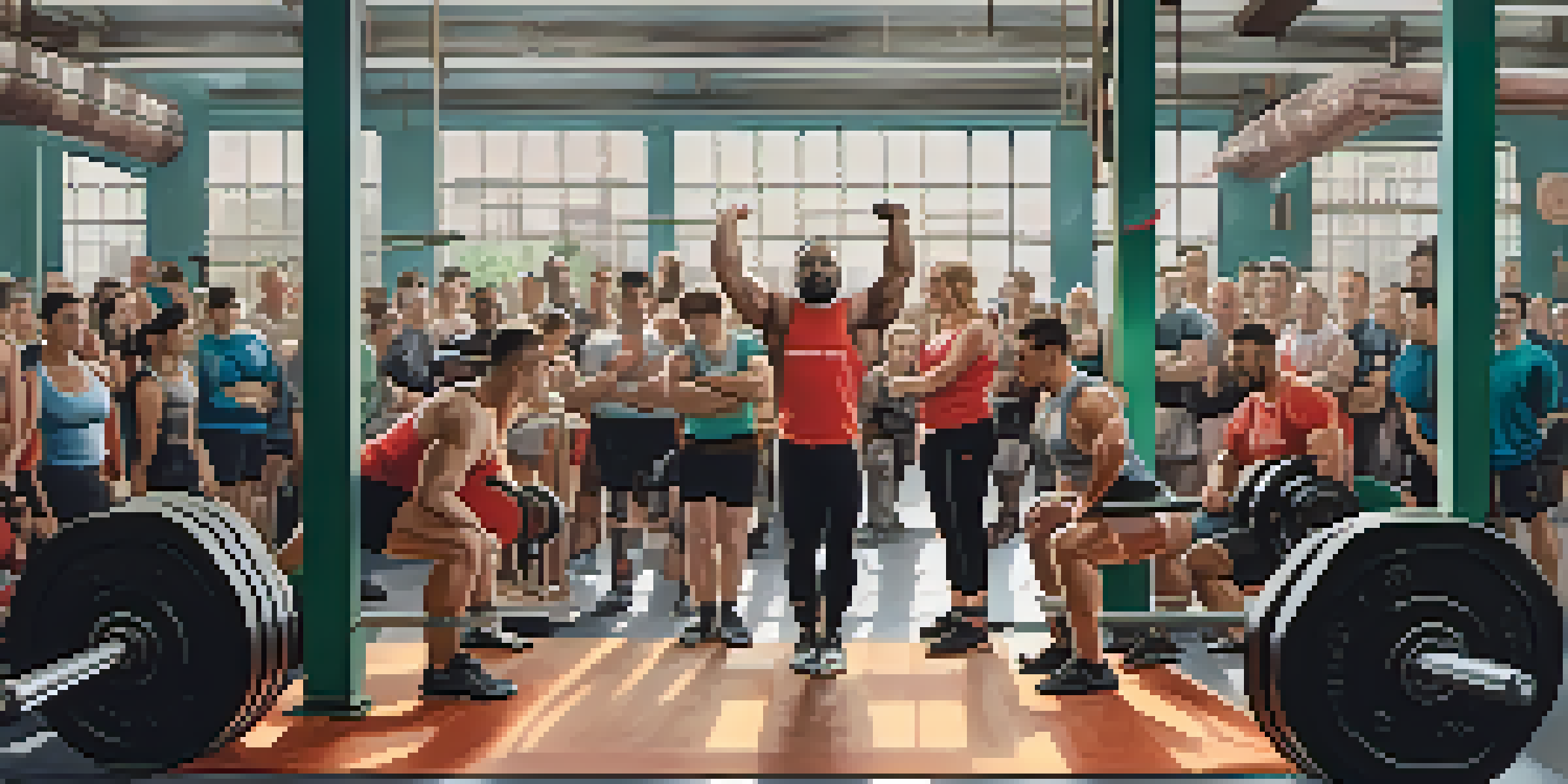 A diverse group of powerlifters at a gym, sharing tips and celebrating each other's achievements under warm natural light.
