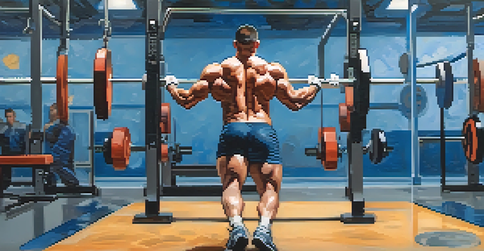 A powerlifter in a gym doing dynamic warm-up exercises like leg swings and arm circles, surrounded by gym equipment.
