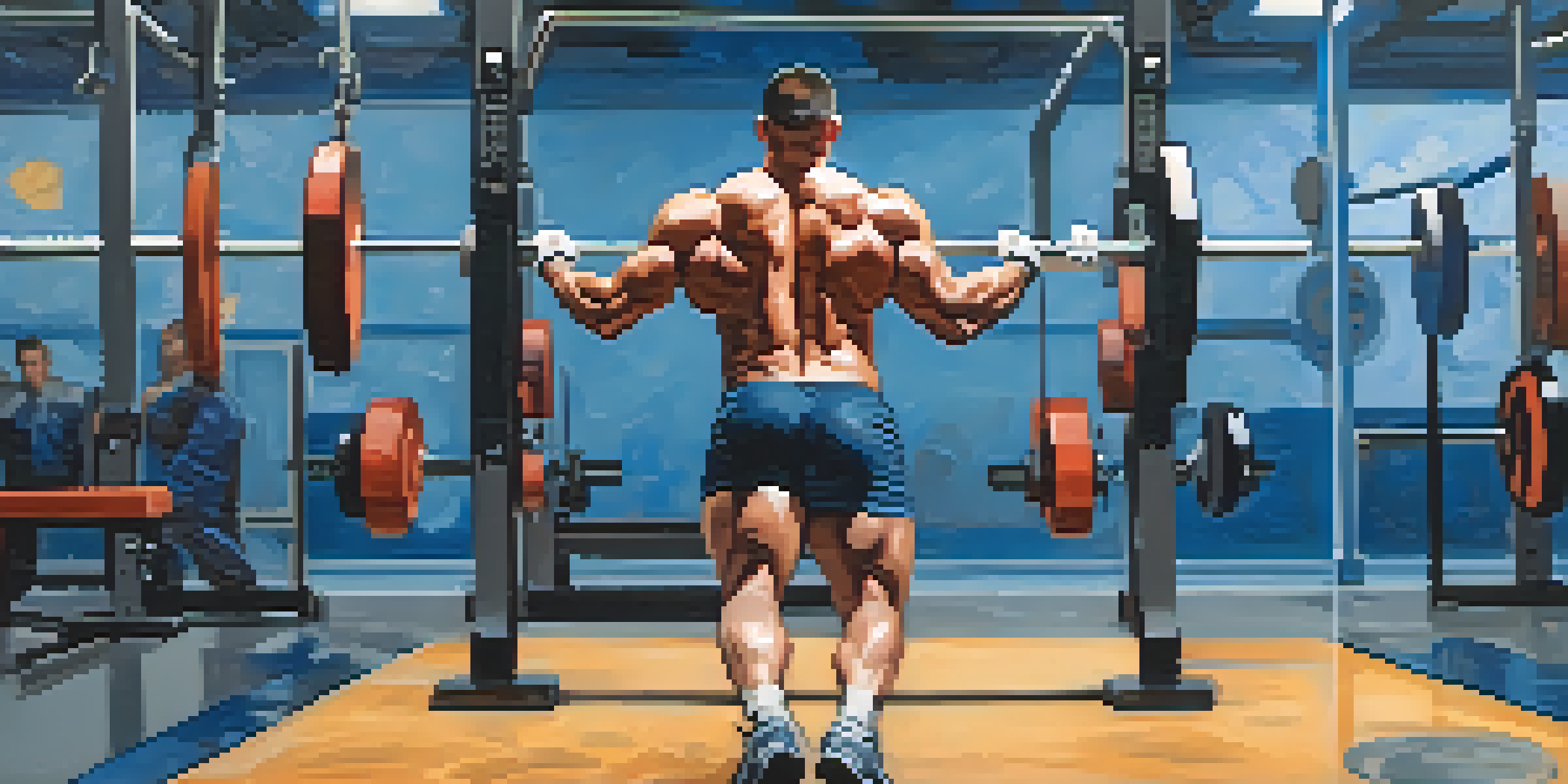 A powerlifter in a gym doing dynamic warm-up exercises like leg swings and arm circles, surrounded by gym equipment.