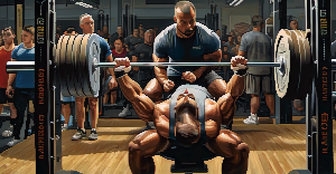 A lifter performing a bench press in a gym with a spotter standing behind, ready to assist.