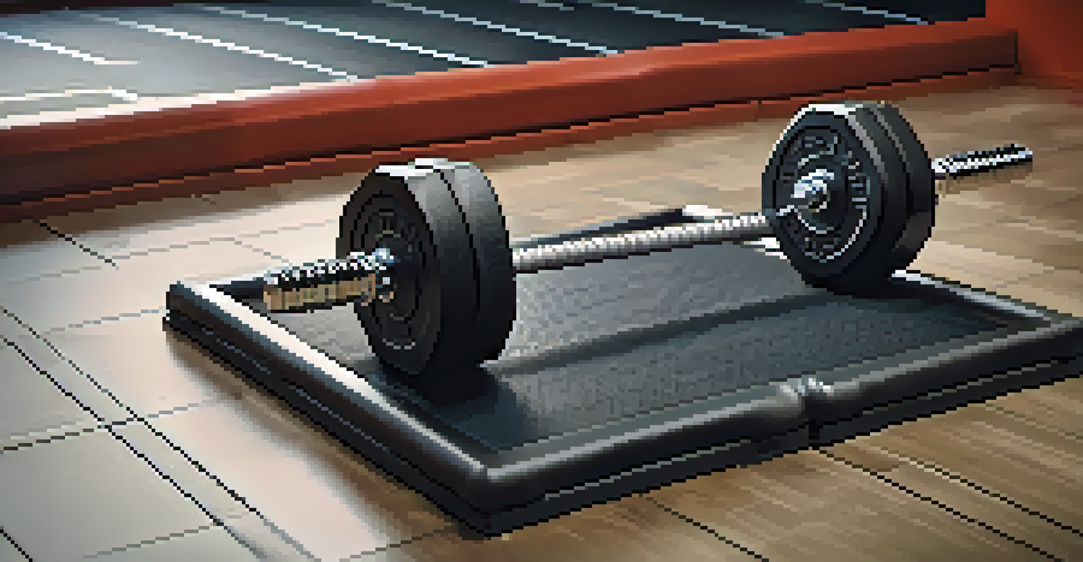 Close-up of a trap bar with weights on a rubber gym floor, with blurred dumbbells in the background.