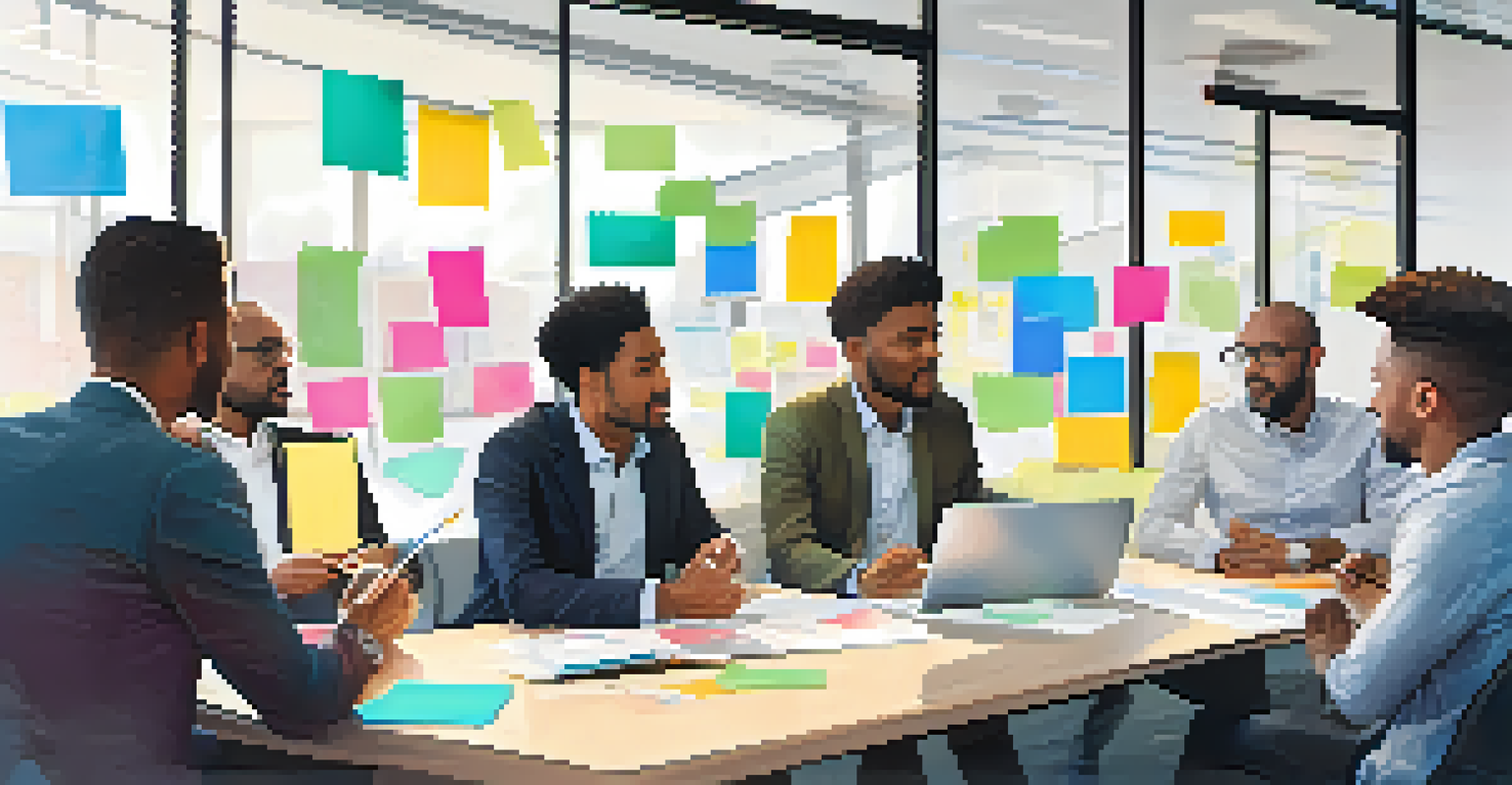 A diverse group of people in a conference room, discussing ideas and collaborating during a feedback session, with bright natural light and colorful notes around.