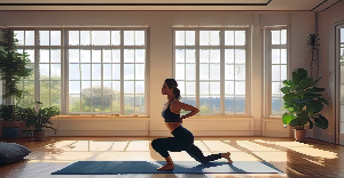 A person doing bodyweight squats in a bright living room, surrounded by plants and a cozy couch.