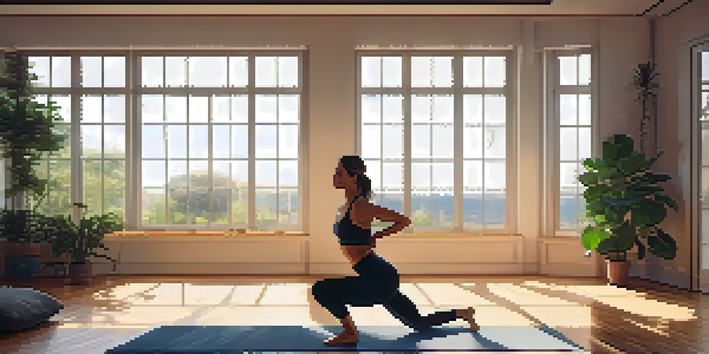 A person doing bodyweight squats in a bright living room, surrounded by plants and a cozy couch.