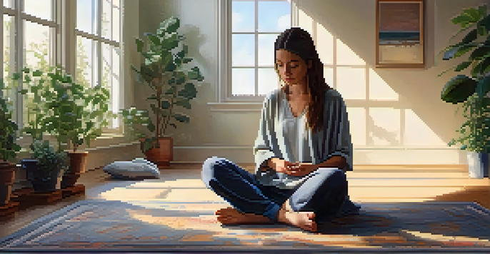 A young woman meditating on a carpet in a peaceful indoor setting, surrounded by plants and warm light.