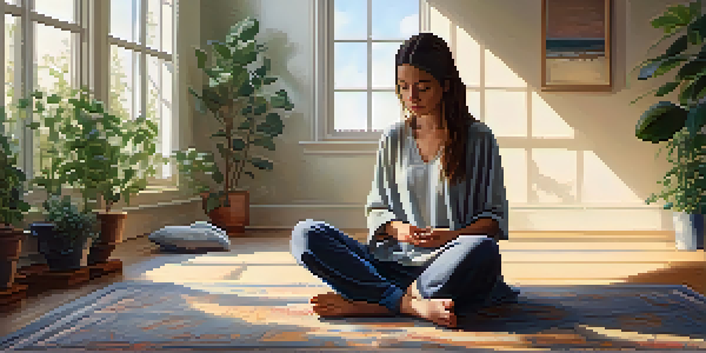 A young woman meditating on a carpet in a peaceful indoor setting, surrounded by plants and warm light.