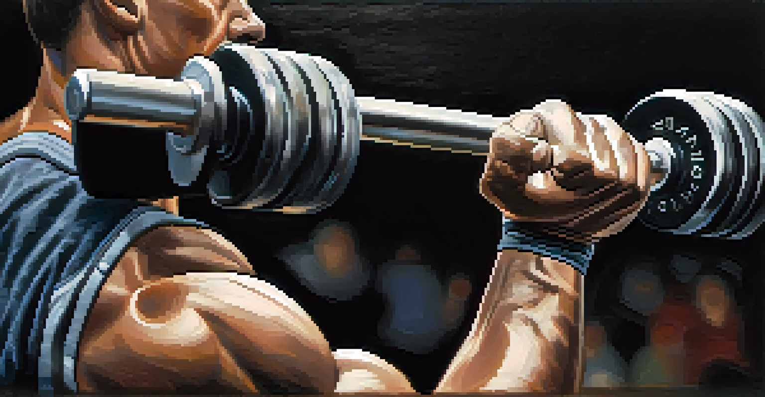 Close-up of a weightlifter gripping a barbell with chalk on their hands, showing focus and determination.