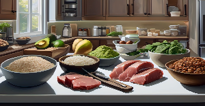 A kitchen counter displaying fresh whole foods like meats, grains, and nuts, with warm lighting and a notepad for meal planning.