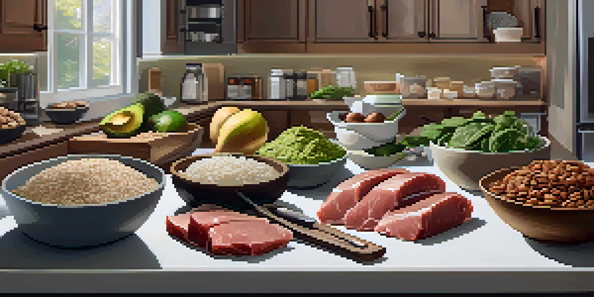 A kitchen counter displaying fresh whole foods like meats, grains, and nuts, with warm lighting and a notepad for meal planning.