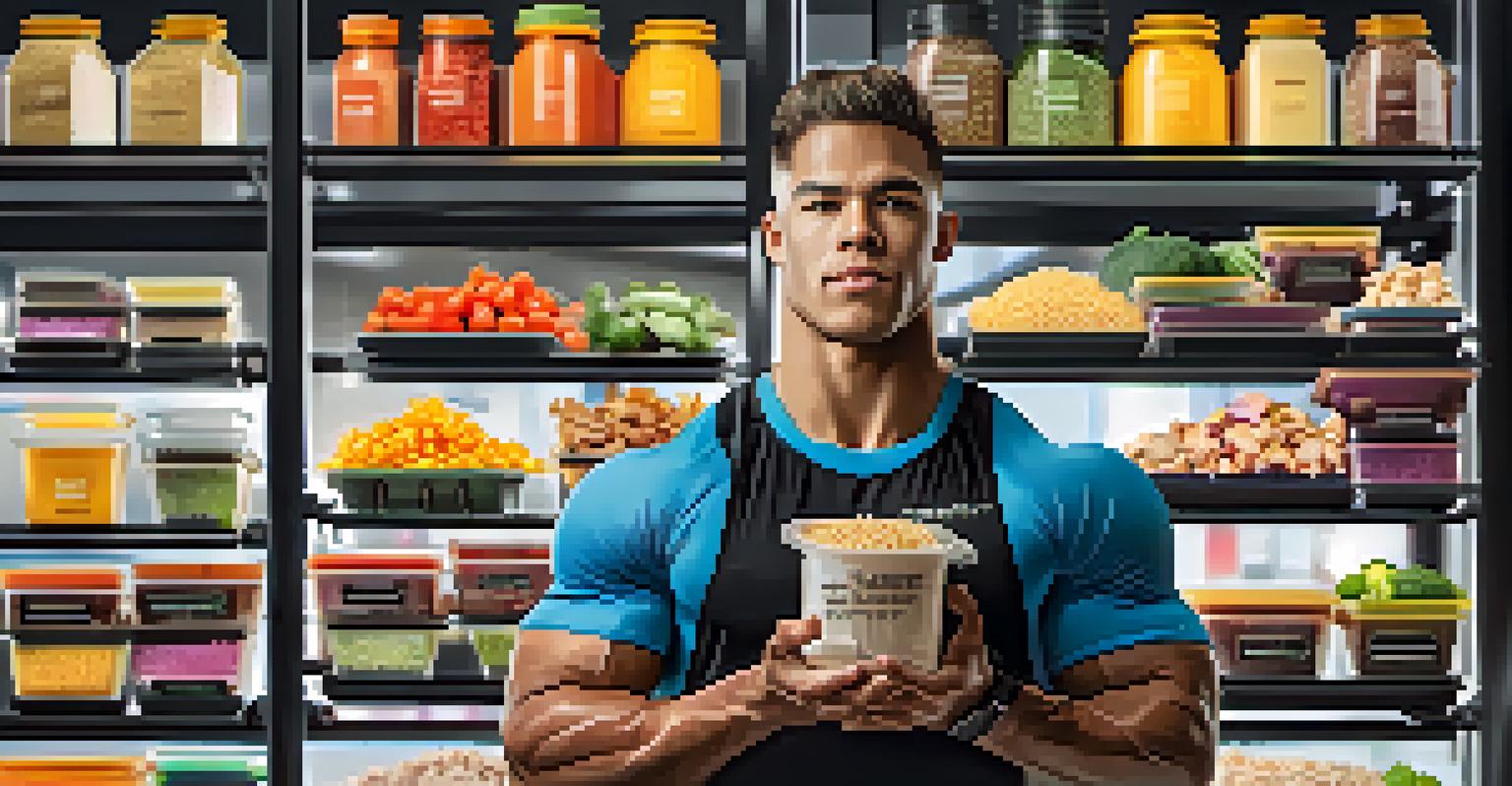 An athlete lifting weights in a gym, with a display of healthy meal prep in the background.